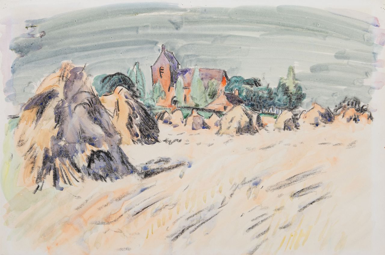 Jan Altink | Zomerlandschap met het kerkje van Oostum, krijt en aquarel op papier, 41,2 x 59,7 cm