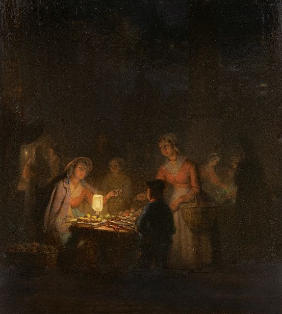 Grootvelt J.H. van | Op de avondmarkt, olieverf op paneel 17,7 x 15,6 cm, gesigneerd verso en verso gedateerd 1841