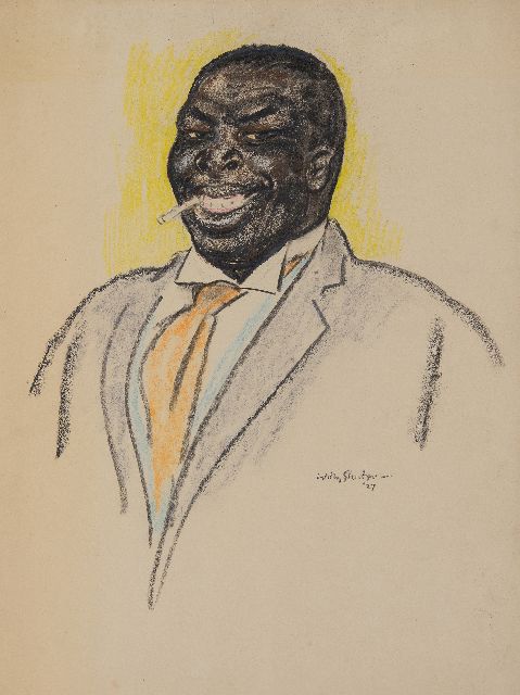 Willy Sluiter | Lachende man met sigaret, krijt op papier, 44,9 x 33,4 cm, gesigneerd r.o. en gedateerd '27