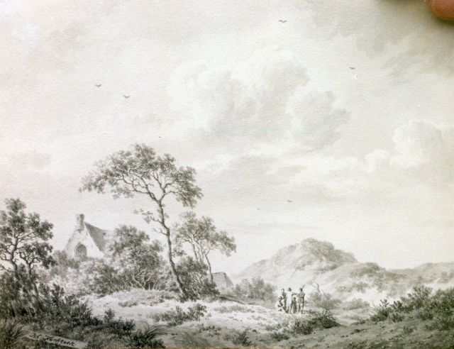 Koekkoek B.C.  | Jagers in een heuvelachtig landschap, sepia op papier 14,5 x 19,0 cm, gesigneerd l.o.