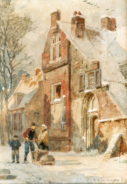 Cornelis Springer | Winters straatje te Hattem met gezelschap en duwslede, aquarel op papier, 14,5 x 11,0 cm, gesigneerd r.o. en gedateerd '89