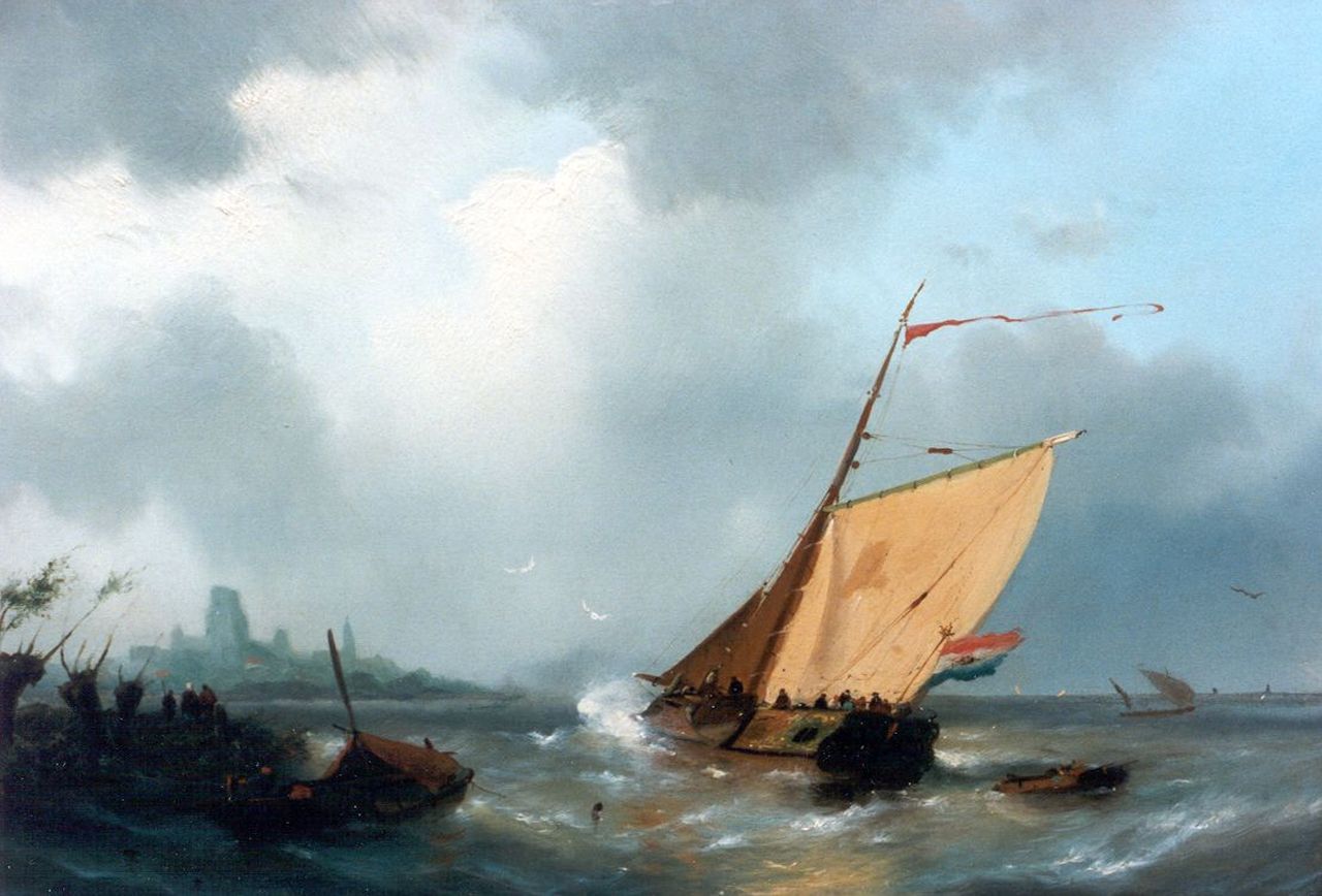 Hilleveld A.D.  | Adrianus David Hilleveld, Zeilboot voor de kust, olieverf op paneel 30,5 x 46,0 cm, gesigneerd linksonder en gedateerd '57