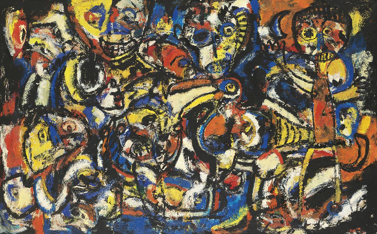 Gust Romijn | Compositie met figuren en dieren, olieverf op doek, 60,2 x 99,8 cm, gesigneerd m.o. en 1950 Gust Romijn | Compositie met figuren en dieren, olieverf op doek, 60,2 x 99,8 cm, gesigneerd m.o. en 1950