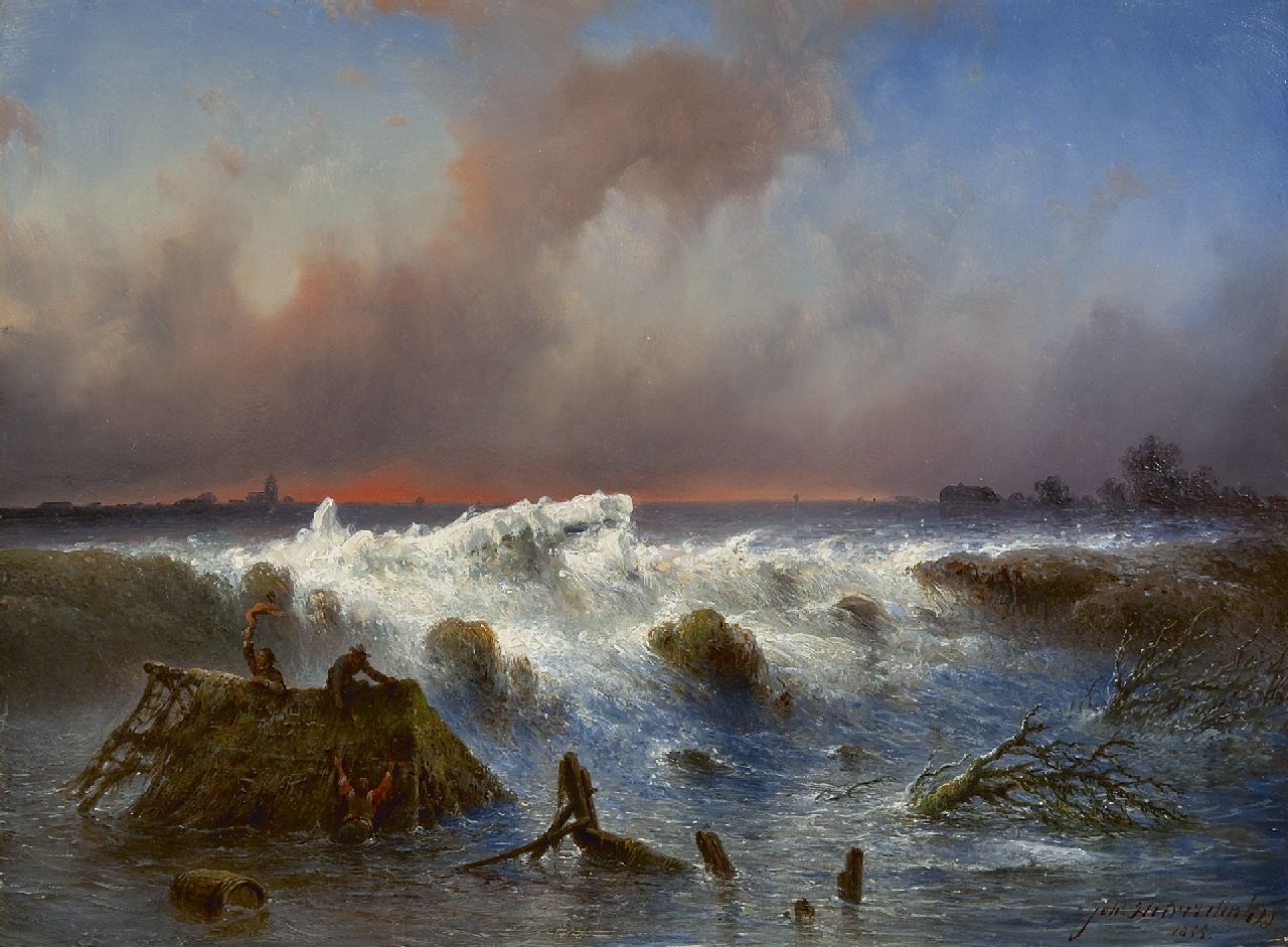 Johannes Hilverdink | Dammbruch im Grebbedeich am 5. März 1855, Öl auf Holz, 37,1 x 50,1 cm, Unterzeichnet r.u. und datiert 1855