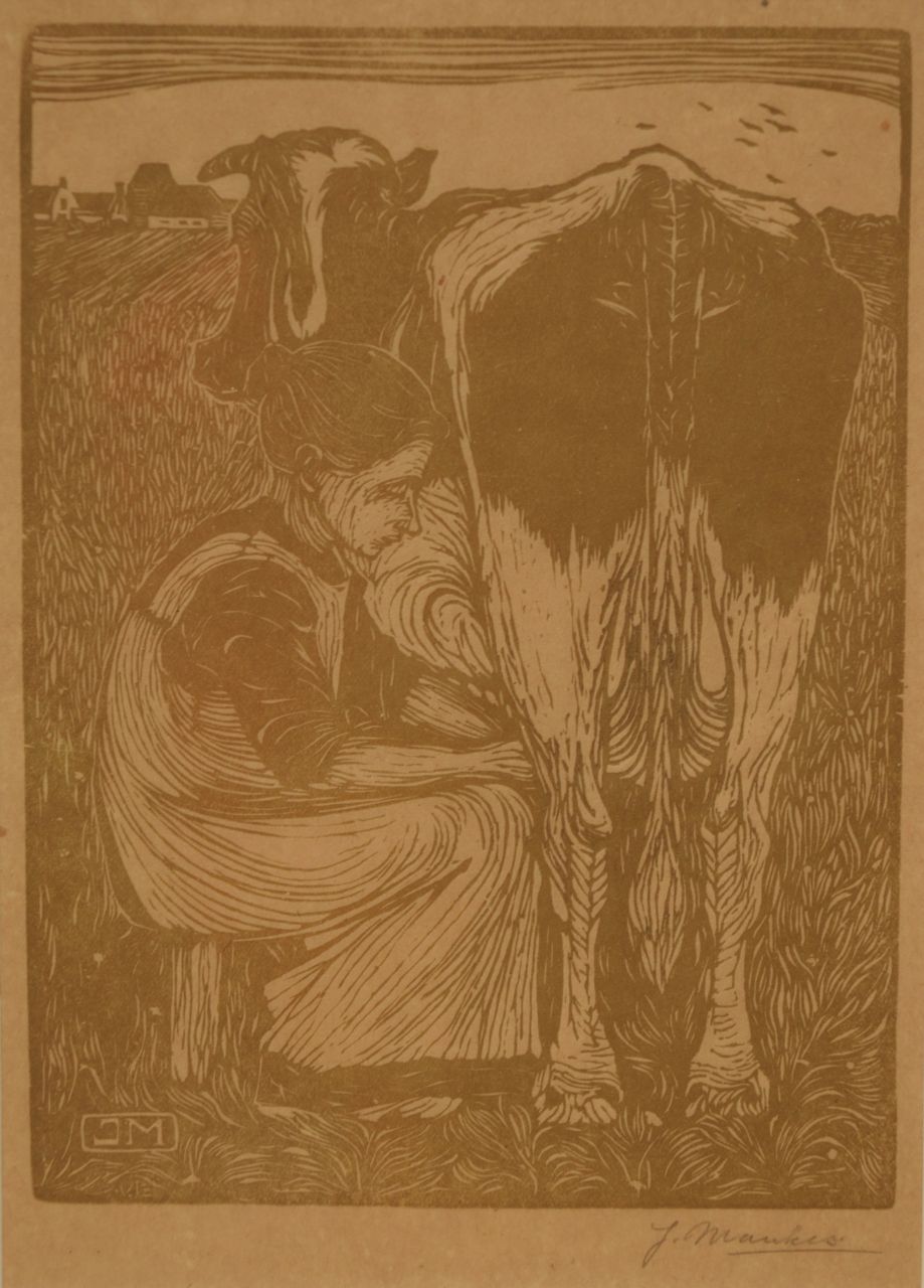 Mankes J.  | Jan Mankes | Grafiek te koop aangeboden | Koemelkster, houtsnede op papier 19,1 x 14,2 cm, gesigneerd rechtsonder voluit (in potlood) en met mon. in het blok