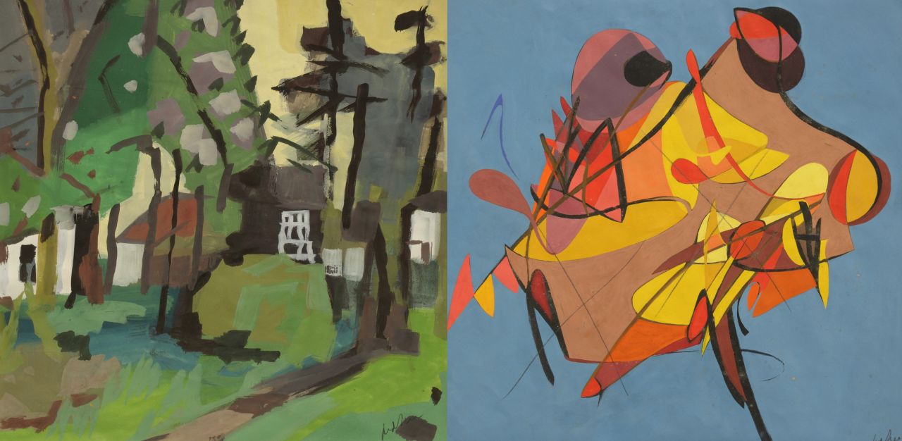 Zee J. van der | Jan van der Zee, Erf met bomen; verso: Compositie, aquarel en gouache op papier 56,0 x 56,0 cm, gesigneerd rechtsonder recto en verso en te dateren jaren '50, verso ca. 1965-1968