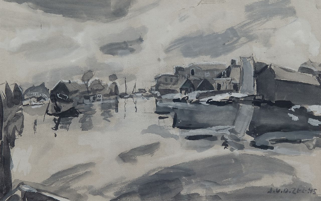 Zee J. van der | Jan van der Zee, Haven in de winter, zwart krijt en aquarel op papier 32,5 x 51,4 cm, gesigneerd rechtsonder en gedateerd '45