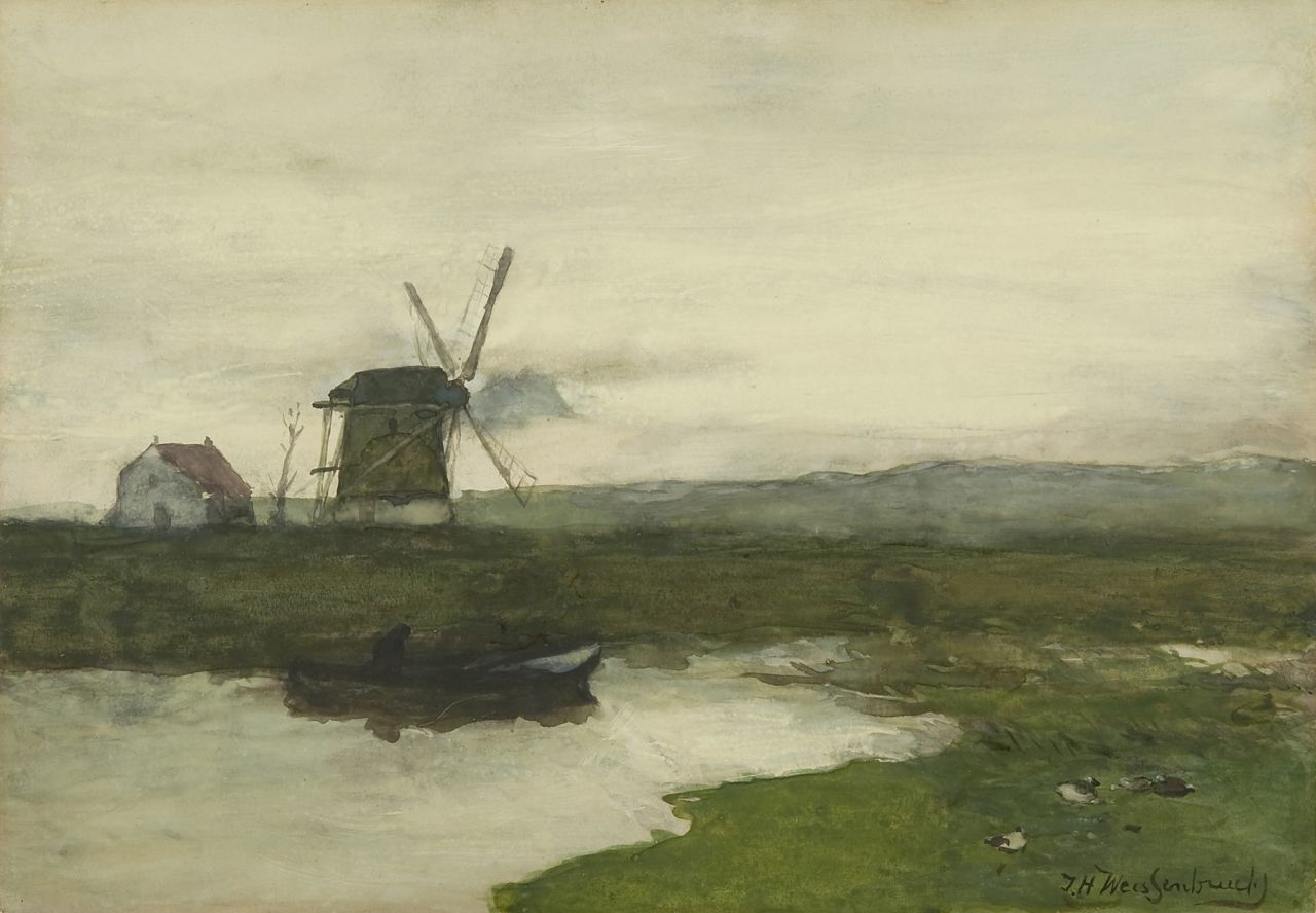 Weissenbruch H.J.  | Hendrik Johannes 'J.H.' Weissenbruch, Molen in een polderlandschap, aquarel op papier 34,5 x 49,6 cm, gesigneerd rechtsonder en te dateren ca. 1900