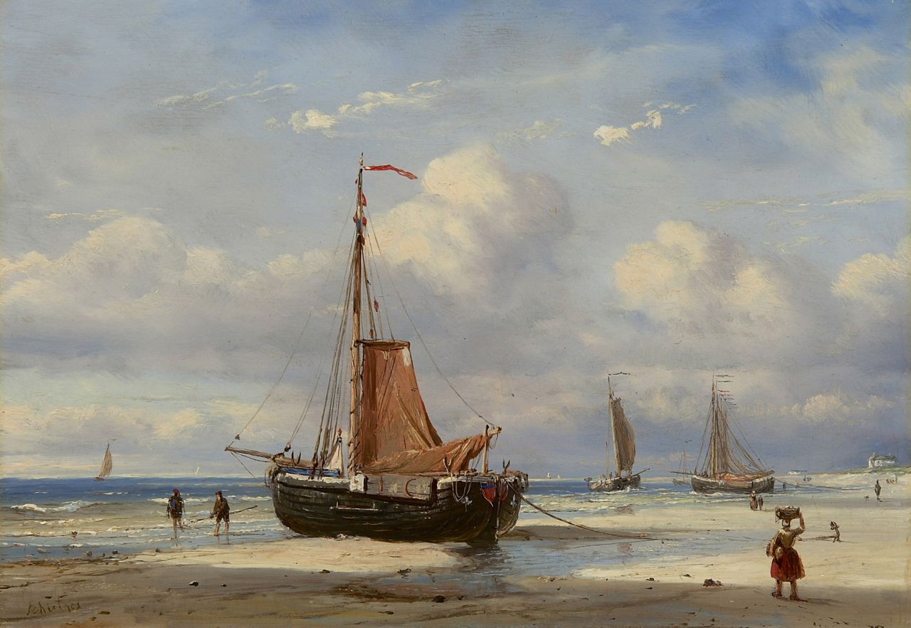 Schiedges P.P.  | Petrus Paulus Schiedges, Pinken op het strand van Scheveningen, olieverf op paneel 24,0 x 35,2 cm, gesigneerd linksonder