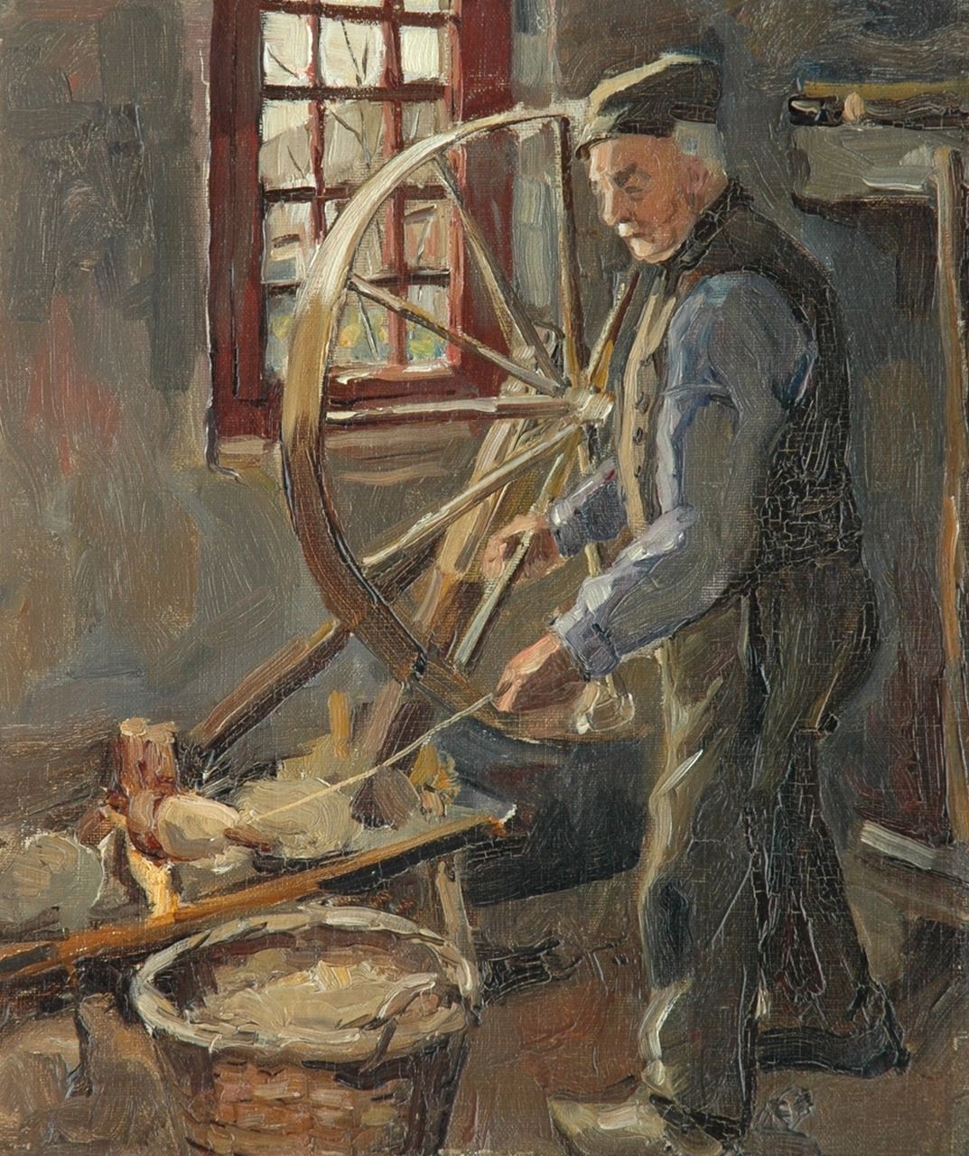 Mondriaan P.C.  | Pieter Cornelis 'Piet' Mondriaan, Interieur met touwtwijnende man, olieverf op doek op board 34,0 x 28,0 cm, te dateren ca. 1893-97