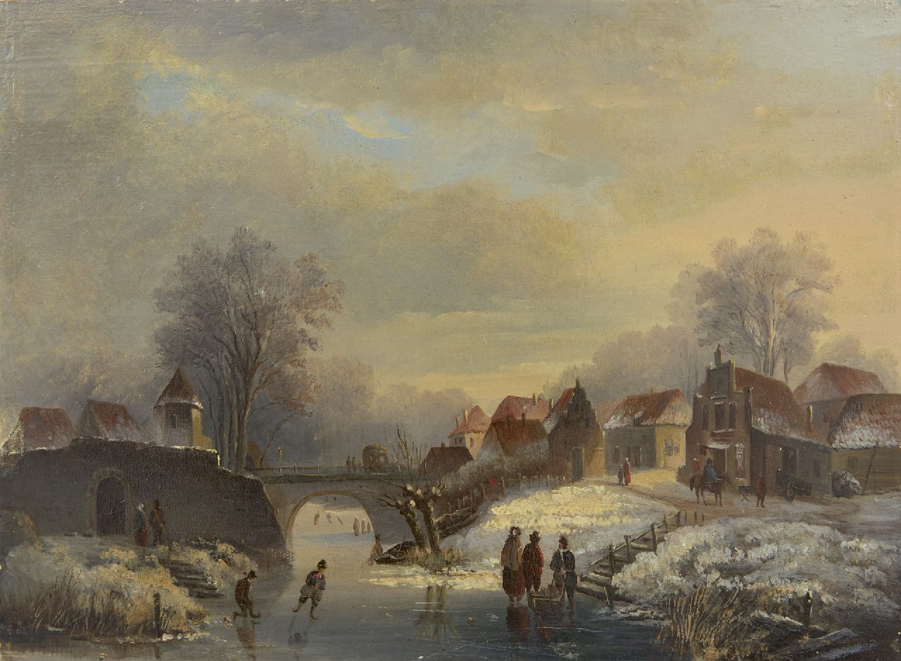 Parré M.  | Matthias Parré | Schilderijen te koop aangeboden | Schaatsvertier op de gracht, olieverf op paneel 22,0 x 30,1 cm