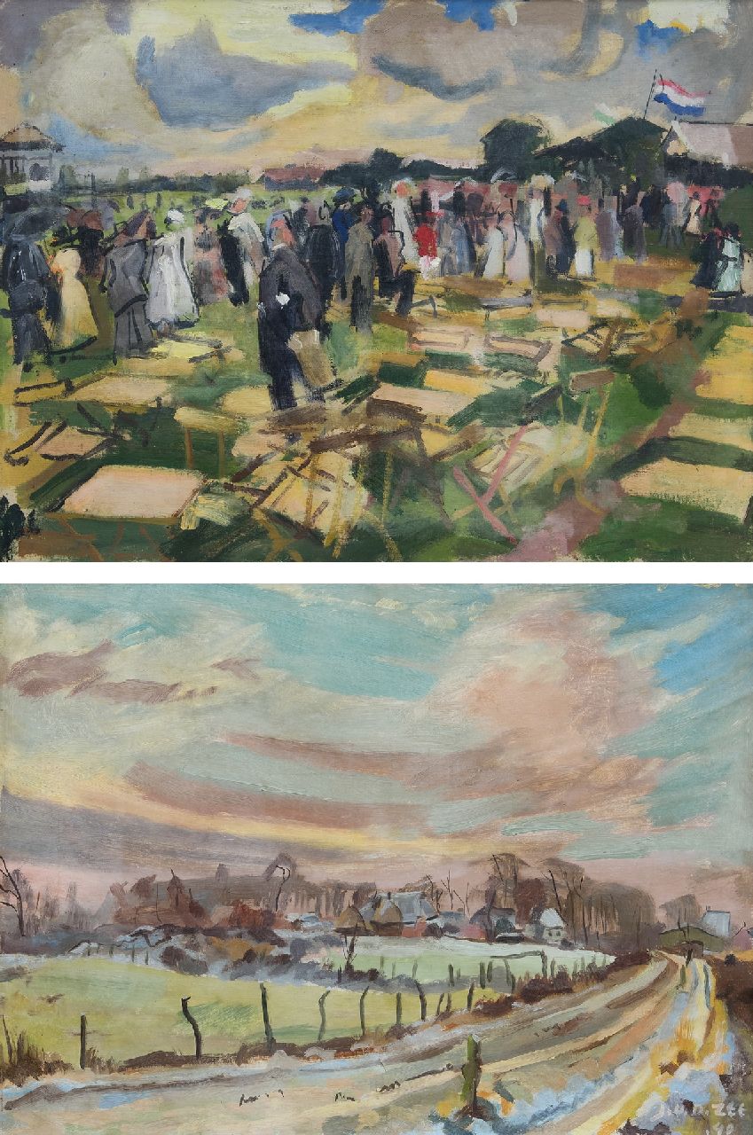 Zee J. van der | Jan van der Zee, Landschap met dorpje in de sneeuw; verso: De drafbaan, Groningen, olieverf op doek 60,5 x 80,8 cm, gesigneerd rechtsonder en gedateerd '40