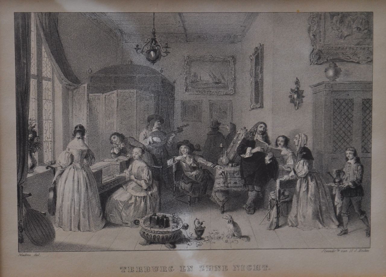 Madou J.P.  | Jean Baptiste Madou, Gerard Ter Borch en zijn vrouw Geertruid, gravure op papier 12,0 x 17,0 cm