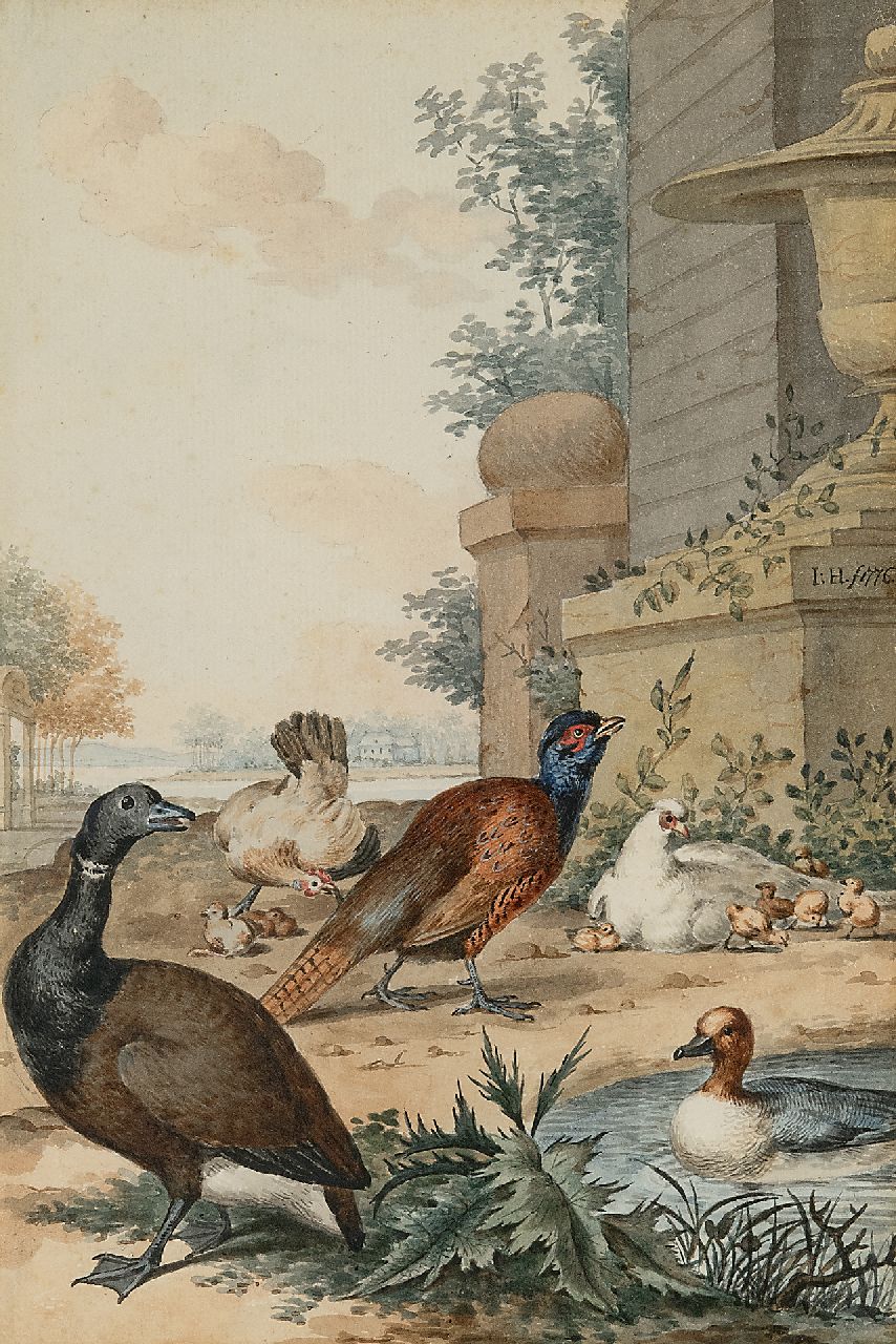 Heenck J.  | Jabez Heenck | Aquarellen en tekeningen te koop aangeboden | Een Tafeleend en andere vogels in een parklandschap, aquarel op papier 26,5 x 18,1 cm, gesigneerd rechts van het midden met monogram en gedateerd 1776
