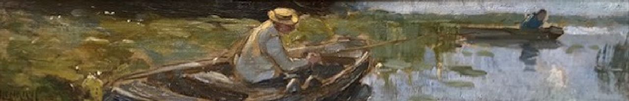 Jansen H.W. | Hendrik Willebrord Jansen | Schilderijen te koop aangeboden | Visser in bootje langs de kant i.o., olieverf op board 9,0 x 54,0 cm, gesigneerd linksonder Jansen H.W. | Hendrik Willebrord Jansen | Schilderijen te koop aangeboden | Visser in bootje langs de kant i.o., olieverf op board 9,0 x 54,0 cm, gesigneerd linksonder