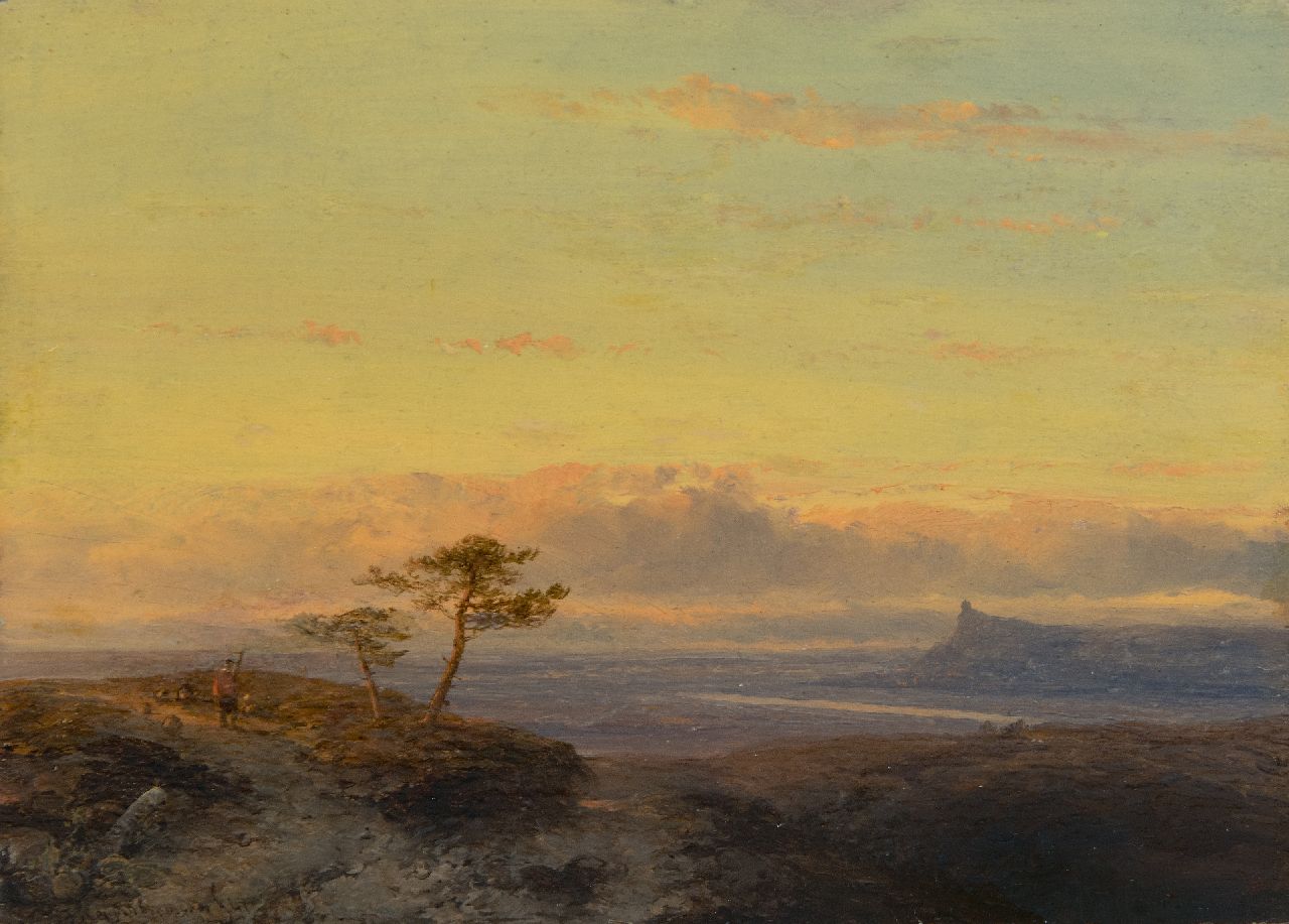 Hoppenbrouwers J.F. | Johannes Franciscus Hoppenbrouwers | Schilderijen te koop aangeboden | Riviervallei bij zonsondergang, olieverf op paneel 16,2 x 22,3 cm, gesigneerd linksonder en gedateerd '41, geen lijst Hoppenbrouwers J.F. | Johannes Franciscus Hoppenbrouwers | Schilderijen te koop aangeboden | Riviervallei bij zonsondergang, olieverf op paneel 16,2 x 22,3 cm, gesigneerd linksonder en gedateerd '41, geen lijst