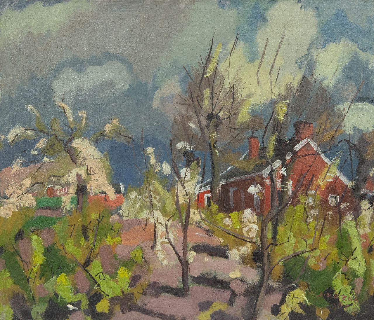 Zee J. van der | Jan van der Zee, Voorjaarslandschap, Groningen, olieverf op doek 60,0 x 70,2 cm, gesigneerd rechtsonder en gedateerd '44 Zee J. van der | Jan van der Zee, Voorjaarslandschap, Groningen, olieverf op doek 60,0 x 70,2 cm, gesigneerd rechtsonder en gedateerd '44