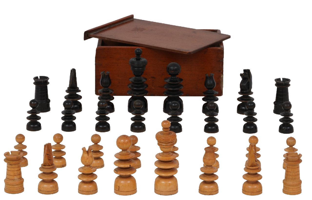 Schaakset, opbergdoos | Schaakset, opbergdoos | Beelden en objecten te koop aangeboden | Schaakset in 'St.-George' stijl n mahoniehouten doos, Engeland., palmhout 8,3 x 3,8 cm, te dateren ca. 1830 Schaakset, opbergdoos | Schaakset, opbergdoos | Beelden en objecten te koop aangeboden | Schaakset in 'St.-George' stijl n mahoniehouten doos, Engeland., palmhout 8,3 x 3,8 cm, te dateren ca. 1830