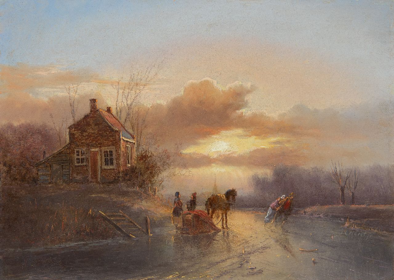 Morel II J.E.  | Jan Evert Morel II | Schilderijen te koop aangeboden | Paardenslee en schaatsers bij zonsondergang, olieverf op paneel 20,2 x 28,5 cm, gesigneerd rechtsonder