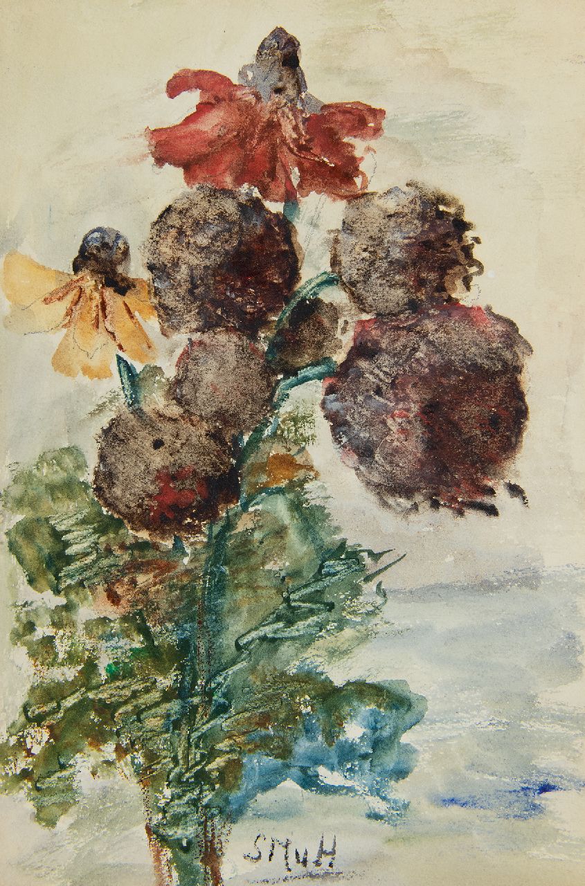 Mesdag-van Houten S.  | Sina 'Sientje' Mesdag-van Houten, Tuinboeketje met rudbeckia's, aquarel op papier 27,3 x 18,2 cm, gesigneerd middenonder met initialen