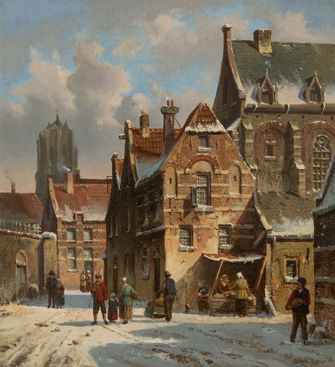 Bommel E.P. van | Elias Pieter van Bommel | Schilderijen te koop aangeboden | Hollands stadsgezicht in de winter, olieverf op paneel 31,7 x 29,0 cm, gesigneerd rechtsonder