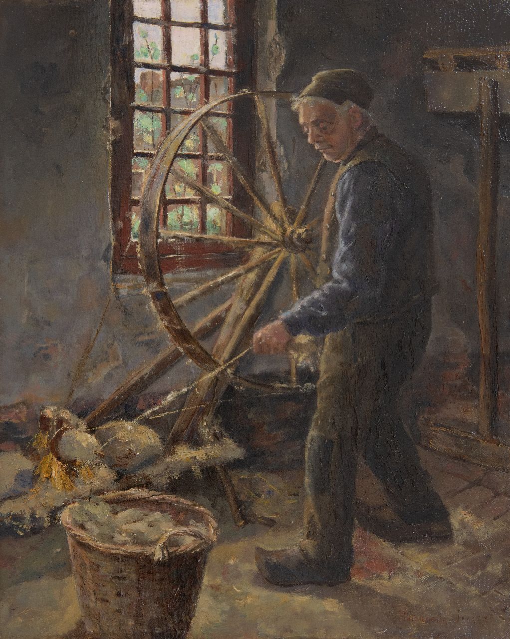 Jaarsma P. | Pieternella Jaarsma | Schilderijen te koop aangeboden | Interieur met wol spinnende boer, olieverf op doek 40,4 x 32,6 cm, gesigneerd rechtsonder Jaarsma P. | Pieternella Jaarsma | Schilderijen te koop aangeboden | Interieur met wol spinnende boer, olieverf op doek 40,4 x 32,6 cm, gesigneerd rechtsonder