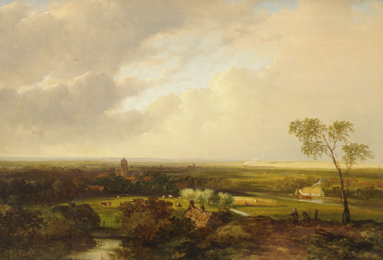Morel II J.E. | Jan Evert Morel II, Panoramisch zomerlandschap met een stoomtrein, olieverf op paneel 24,8 x 35,8 cm, gesigneerd rechtsonder Morel II J.E. | Jan Evert Morel II, Panoramisch zomerlandschap met een stoomtrein, olieverf op paneel 24,8 x 35,8 cm, gesigneerd rechtsonder