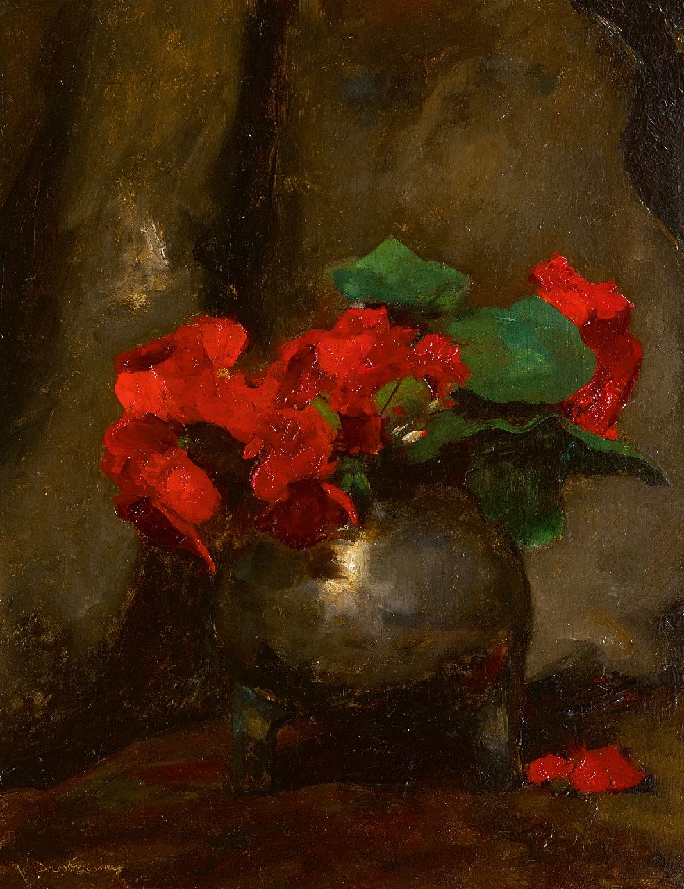 Arntzenius P.F.N.J.  | Pieter Florentius Nicolaas Jacobus 'Floris' Arntzenius, Rode Oost-Indische kers in een metalen pot, olieverf op paneel 35,6 x 28,0 cm, gesigneerd linksonder