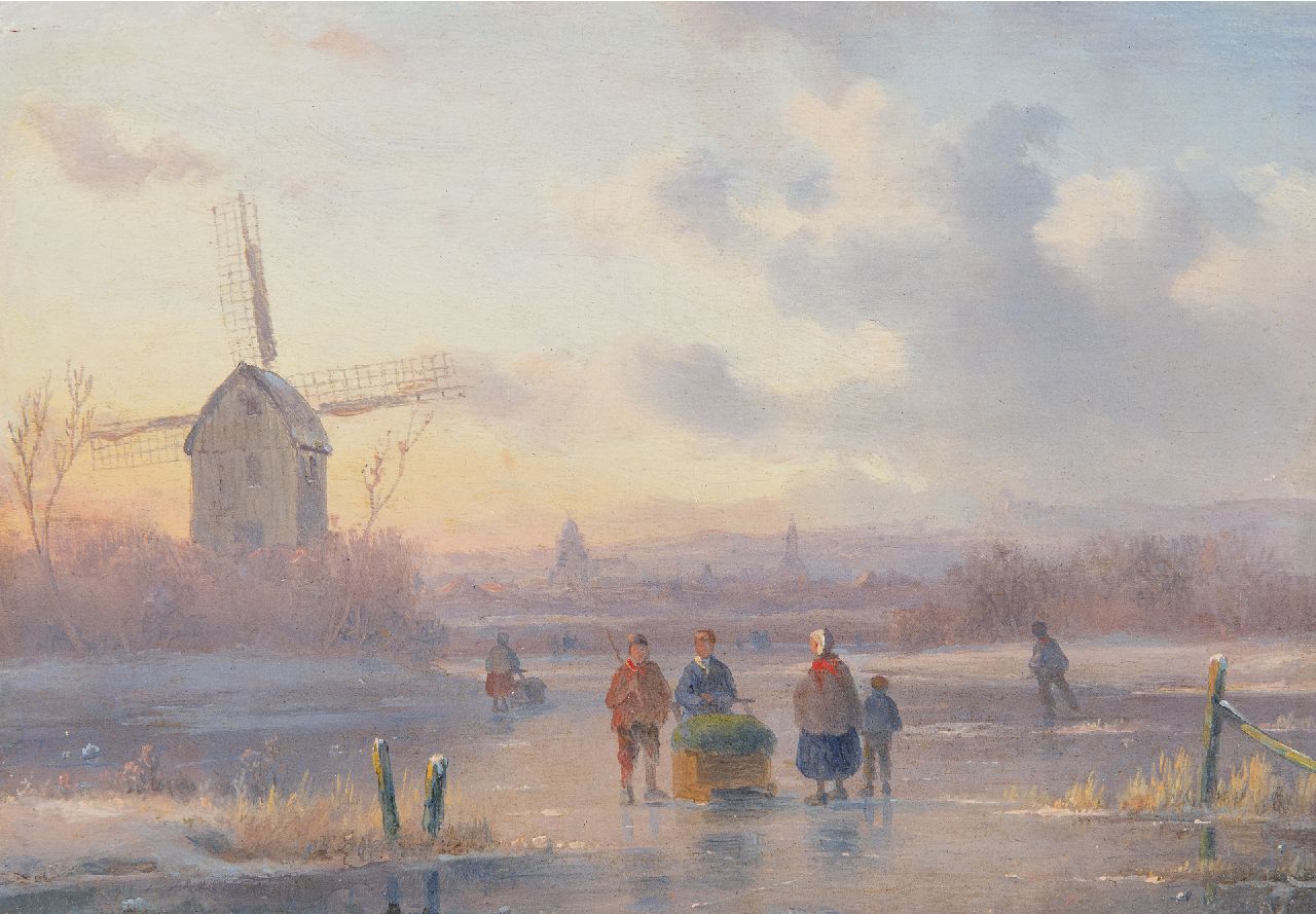 Ahrendts C.E.  | Carl Eduard Ahrendts | Schilderijen te koop aangeboden | Figuren op het ijs bij zonsondergang, olieverf op paneel 14,7 x 21,0 cm, zonder lijst