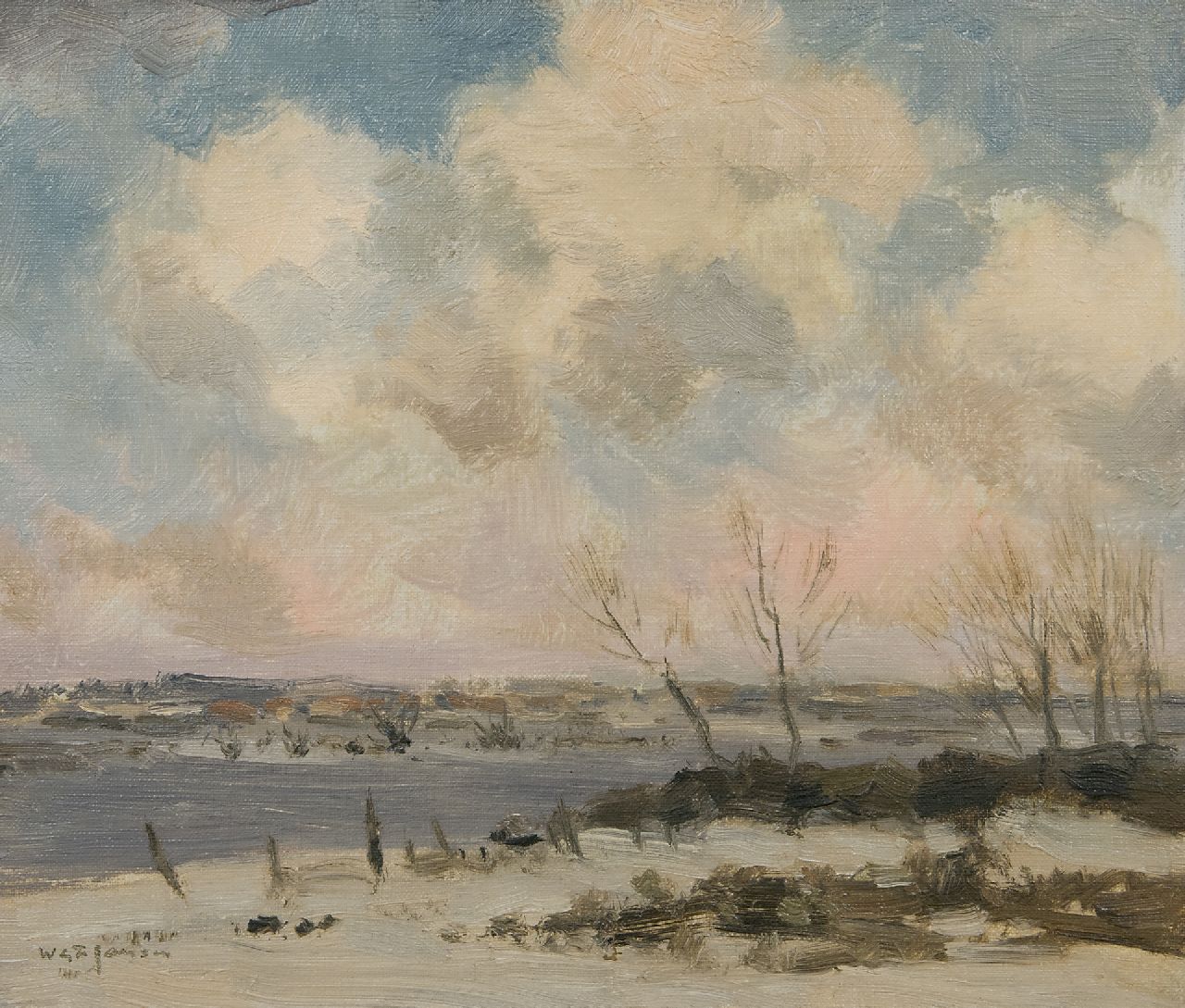 Jansen W.G.F. | 'Willem' George Frederik Jansen, Winterlandschap, olieverf op doek 30,4 x 35,2 cm, gesigneerd linksonder Jansen W.G.F. | 'Willem' George Frederik Jansen, Winterlandschap, olieverf op doek 30,4 x 35,2 cm, gesigneerd linksonder