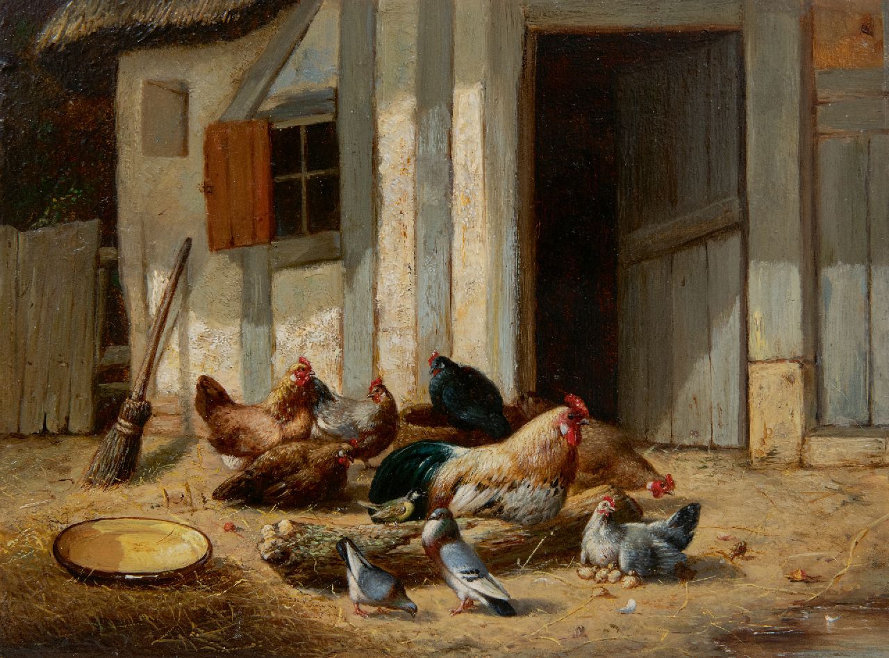 Maes E.R. | Eugène Remy Maes, Haan en kippen op het boerenerf, olieverf op paneel 17,8 x 24,0 cm, 1860 Maes E.R. | Eugène Remy Maes, Haan en kippen op het boerenerf, olieverf op paneel 17,8 x 24,0 cm, 1860