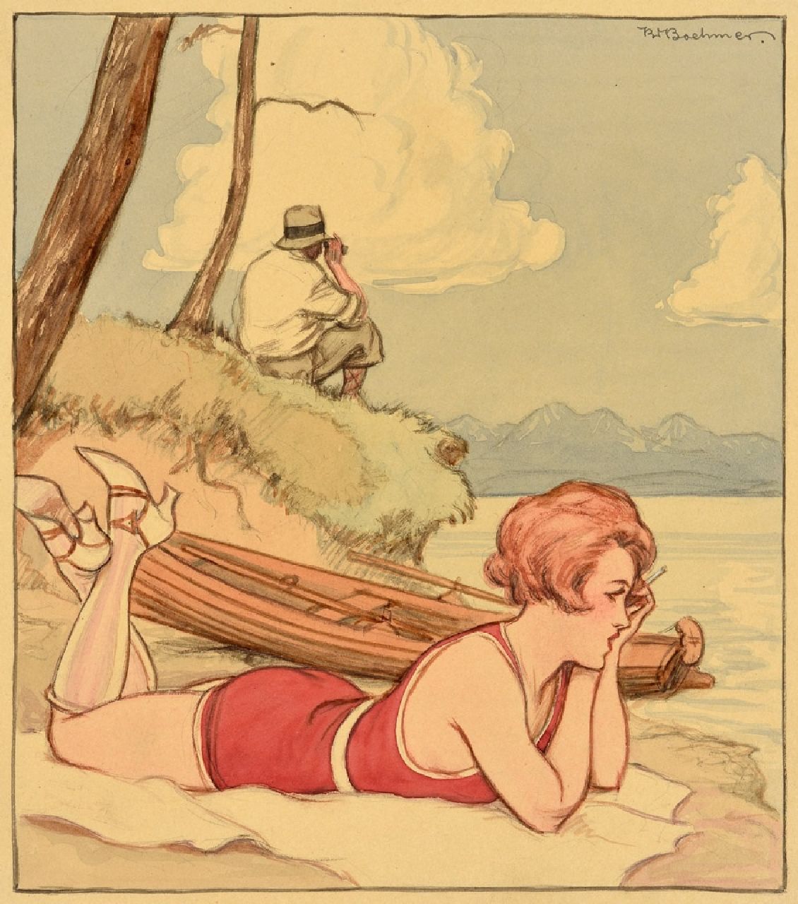 Boehmer K.W.  | Karl Wolfgang Boehmer | Aquarelle und Zeichnungen zum Verkauf angeboten | Am Strand, Bleistift und Aquarell auf Papier 21,6 x 18,8 cm, Unterzeichnet r.o. und ohne Rahmen