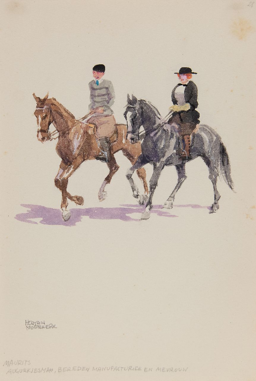 Moerkerk H.A.J.M. | Hermanus Antonius Josephus Maria 'Herman' Moerkerk, Zandvoort: Maurits augurkjesman, bereden manufacturier en mevrouw, potlood en aquarel op papier 25,5 x 17,1 cm, gesigneerd linksonder Moerkerk H.A.J.M. | Hermanus Antonius Josephus Maria 'Herman' Moerkerk, Zandvoort: Maurits augurkjesman, bereden manufacturier en mevrouw, potlood en aquarel op papier 25,5 x 17,1 cm, gesigneerd linksonder