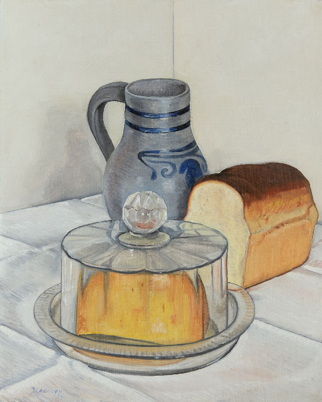 Lodeizen J. | Johannes 'Jo' Lodeizen, Stilleven met kan, witbrood en kaas onder stolp, olieverf op doek 50,4 x 40,2 cm, gesigneerd linksonder en gedateerd '33 Lodeizen J. | Johannes 'Jo' Lodeizen, Stilleven met kan, witbrood en kaas onder stolp, olieverf op doek 50,4 x 40,2 cm, gesigneerd linksonder en gedateerd '33