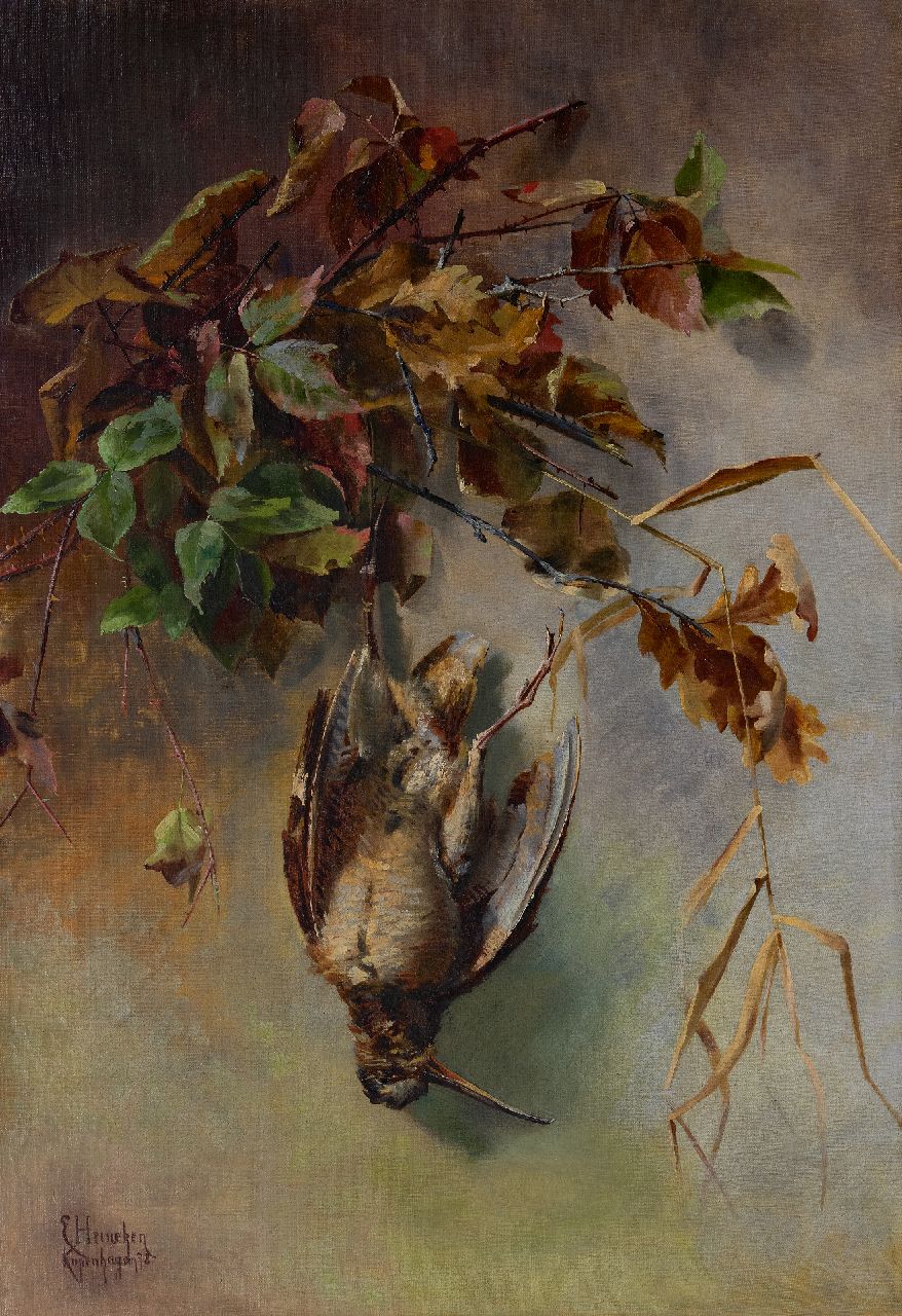 Heineken M. | Marie Heineken | Schilderijen te koop aangeboden | Houtsnip, olieverf op doek 86,2 x 59,8 cm, gesigneerd linksonder en gedateerd 1898 Heineken M. | Marie Heineken | Schilderijen te koop aangeboden | Houtsnip, olieverf op doek 86,2 x 59,8 cm, gesigneerd linksonder en gedateerd 1898