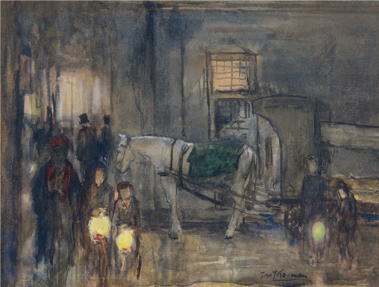 Koeman J.J. | Jacobus Jan 'Jac. J.' Koeman | Aquarellen en tekeningen te koop aangeboden | Straatgezicht met figuren en paard-en-wagen bij avond, krijt en acryl op papier 28,0 x 37,0 cm, gesigneerd rechtsonder en verso Koeman J.J. | Jacobus Jan 'Jac. J.' Koeman | Aquarellen en tekeningen te koop aangeboden | Straatgezicht met figuren en paard-en-wagen bij avond, krijt en acryl op papier 28,0 x 37,0 cm, gesigneerd rechtsonder en verso