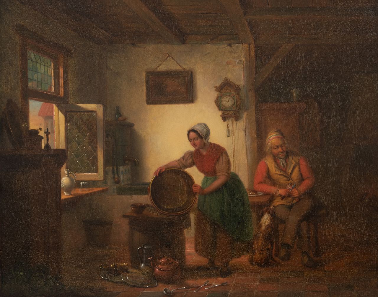 Heijligers A.F. | Antoon François Heijligers | Schilderijen te koop aangeboden | Keukeninterieur met man en vrouw, olieverf op paneel 43,9 x 55,0 cm, gesigneerd rechtsonder en gedateerd 1846, zonder lijst Heijligers A.F. | Antoon François Heijligers | Schilderijen te koop aangeboden | Keukeninterieur met man en vrouw, olieverf op paneel 43,9 x 55,0 cm, gesigneerd rechtsonder en gedateerd 1846, zonder lijst