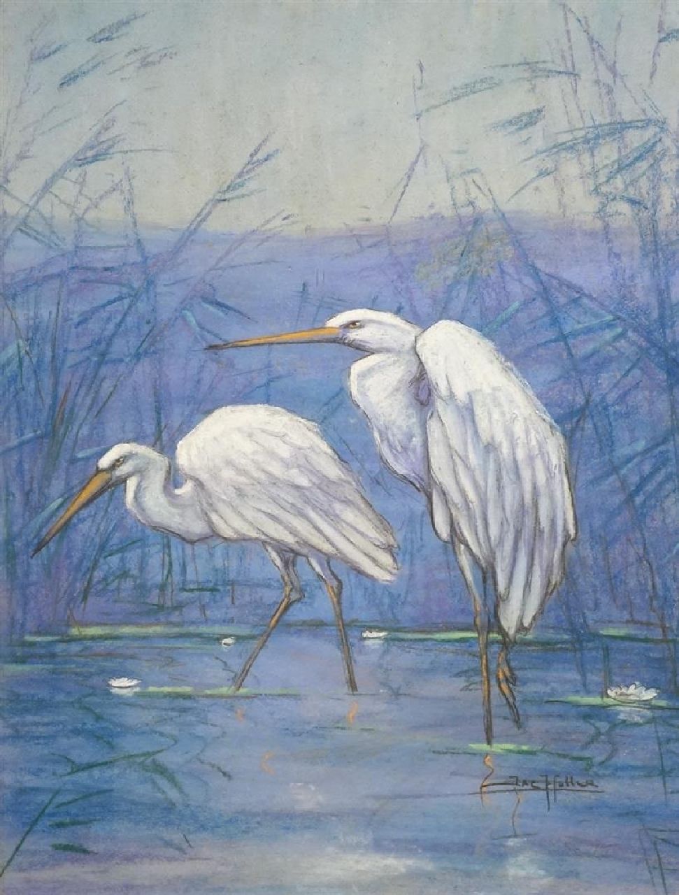 Klein Sprokkelhorst A.  | Albert Klein Sprokkelhorst | Aquarellen en tekeningen te koop aangeboden | Kraanvogels, pastel op papier 49,5 x 39,0 cm, gesigneerd rechtsonder 'Jac Huller'