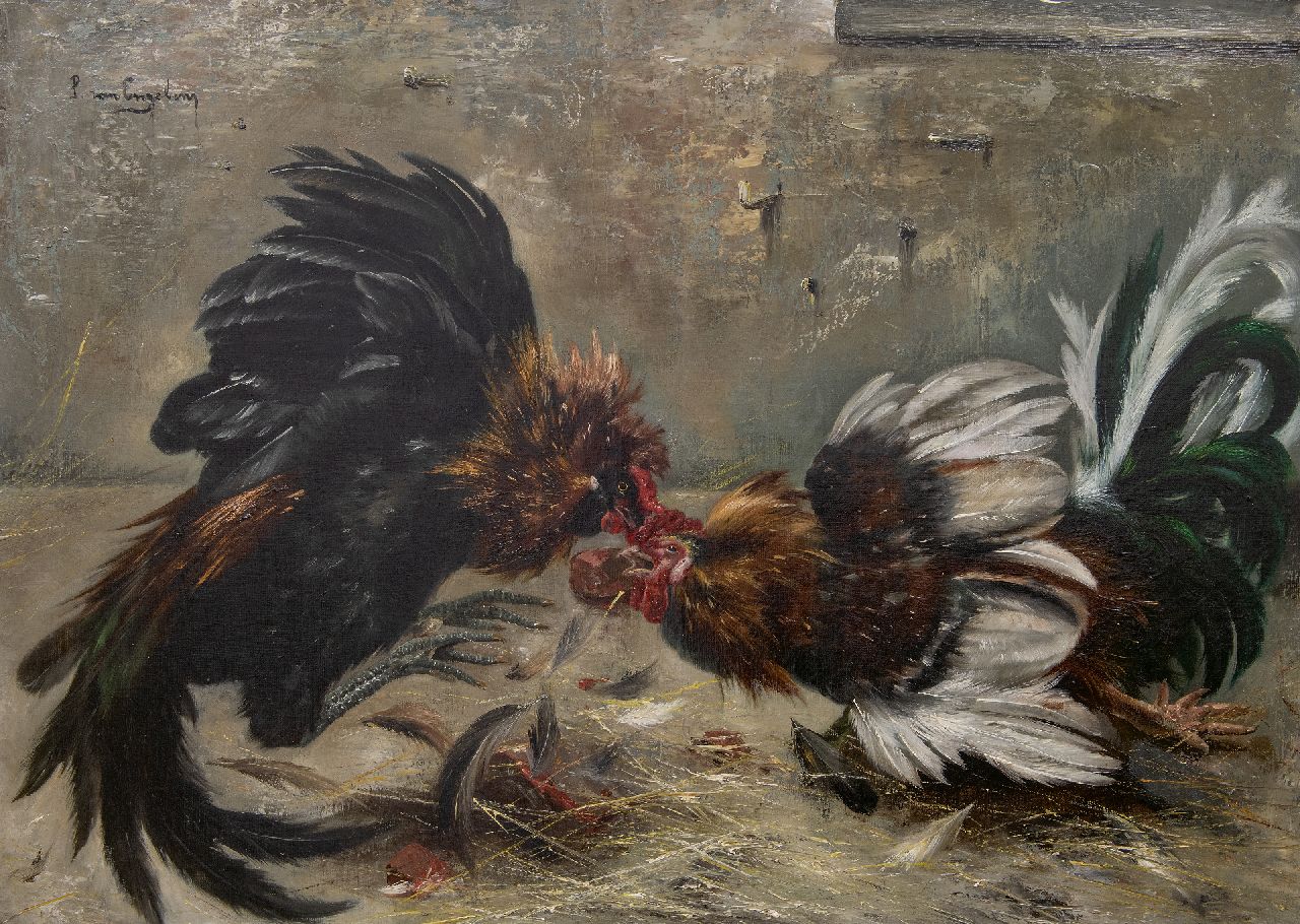 Engelen P. van | Piet van Engelen | Schilderijen te koop aangeboden | Vechtende hanen, olieverf op doek 77,6 x 107,8 cm, gesigneerd linksboven en zonder lijst
