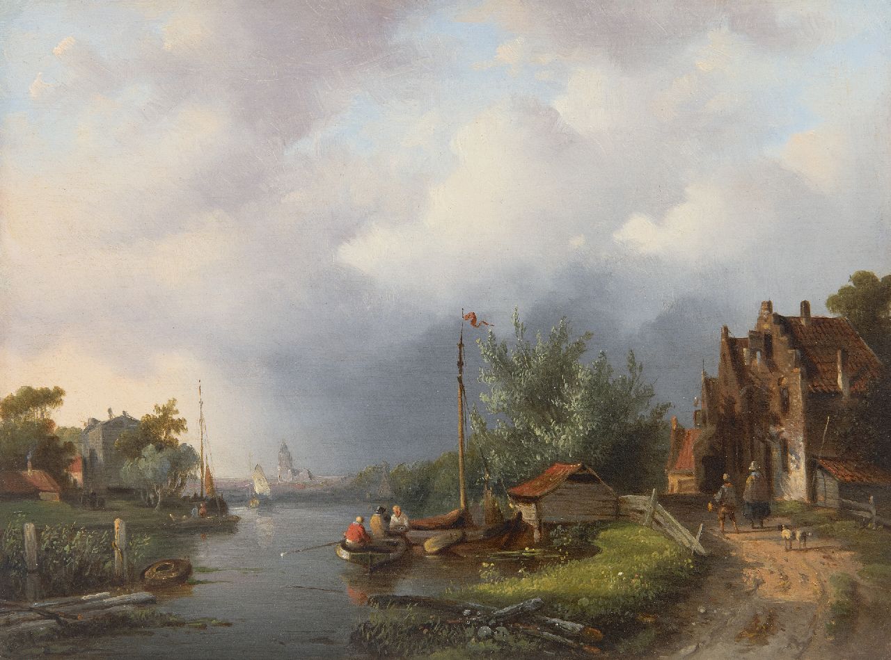 Stok J. van der | Jacobus van der Stok | Schilderijen te koop aangeboden | Zomers dorpje aan een rivier, olieverf op paneel 21,1 x 28,1 cm, zonder lijst