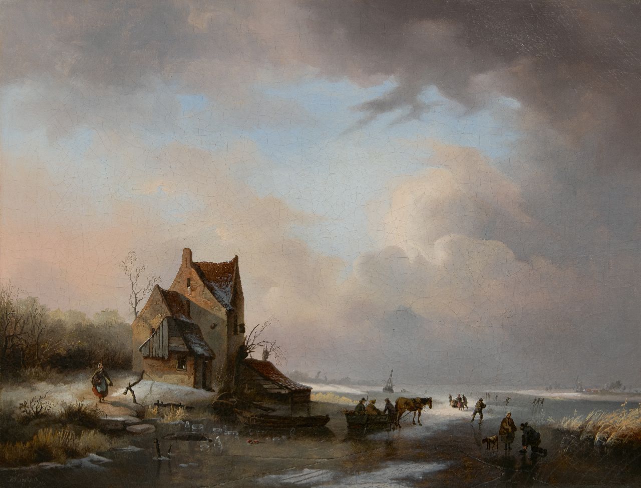 Sijpkens F.H. | Ferdinand Hendrik Sijpkens | Schilderijen te koop aangeboden | Bevroren rivierlandschap met schaatsers, olieverf op doek 46,5 x 60,3 cm, gesigneerd linksonder en zonder lijst Sijpkens F.H. | Ferdinand Hendrik Sijpkens | Schilderijen te koop aangeboden | Bevroren rivierlandschap met schaatsers, olieverf op doek 46,5 x 60,3 cm, gesigneerd linksonder en zonder lijst
