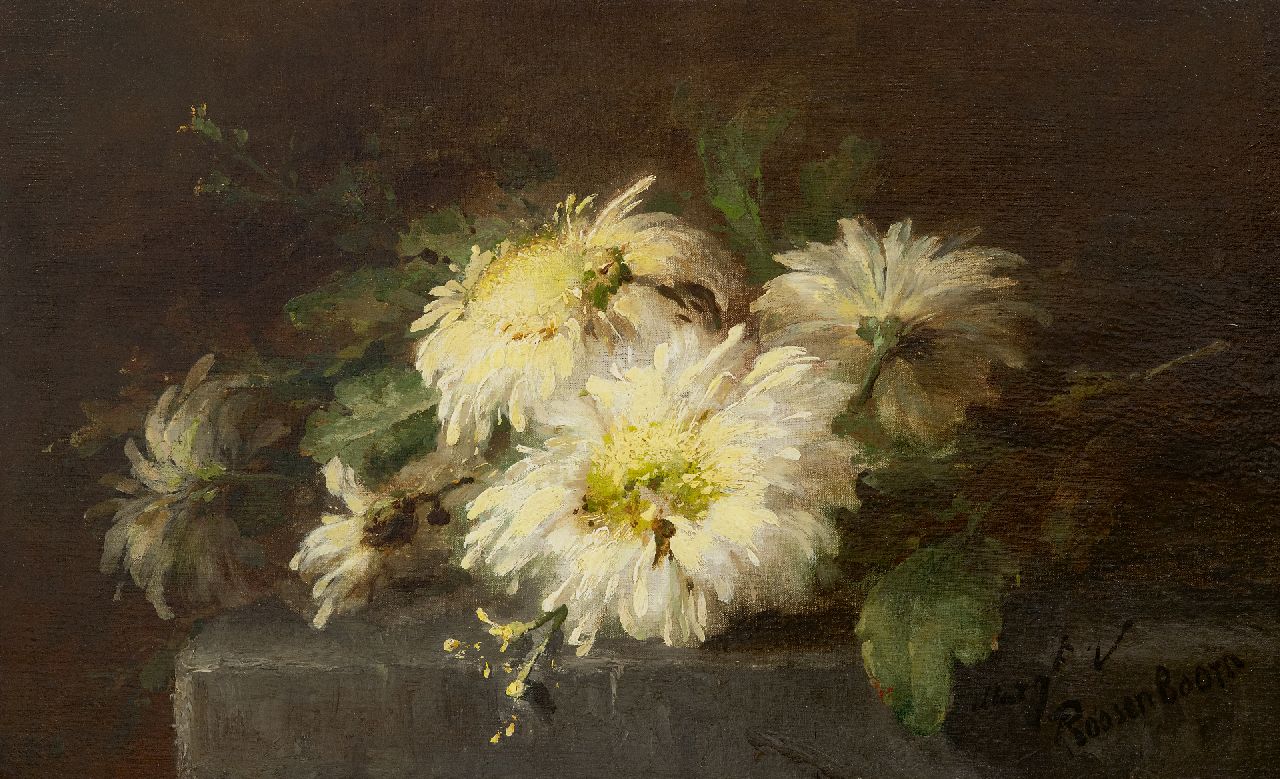 Roosenboom M.C.J.W.H.  | 'Margaretha' Cornelia Johanna Wilhelmina Henriëtta Roosenboom | Schilderijen te koop aangeboden | Chrysanten op een stenen plint, olieverf op doek 35,7 x 56,4 cm, gesigneerd rechtsonder