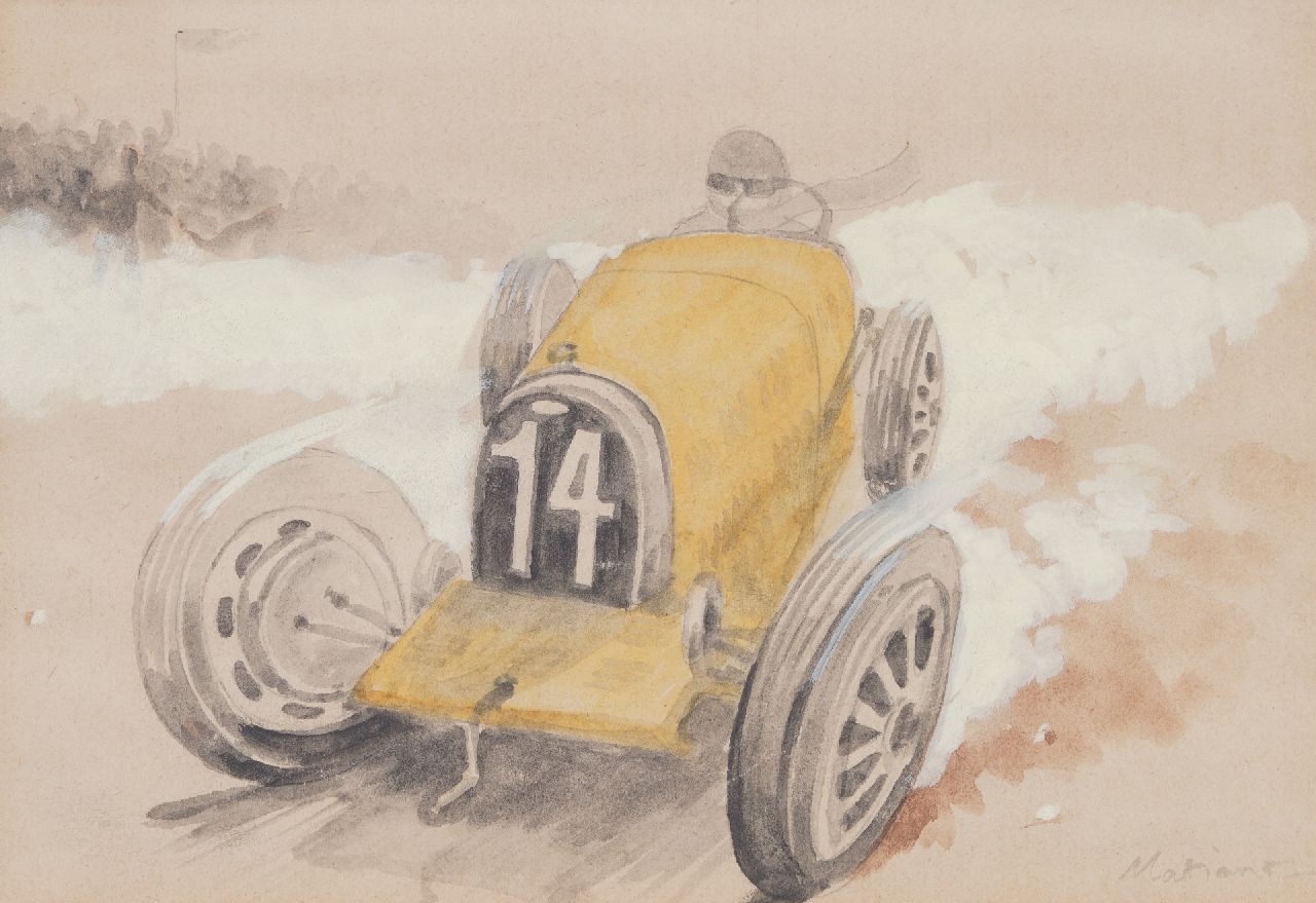 Onbekend   | Onbekend | Aquarellen en tekeningen te koop aangeboden | Raceauto nr. 14 in actie  (set van 5), potlood, aquarel en gouache op papier 19,7 x 29,1 cm, gesigneerd rechtsonder