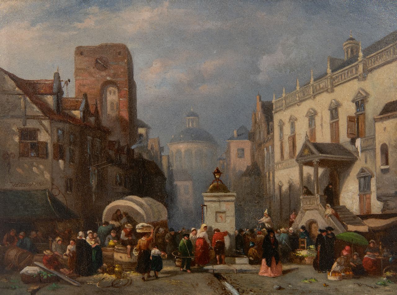 Heun W.M. van | Willem Maxiliaan van Heun | Schilderijen te koop aangeboden | Een drukke dag op de markt, olieverf op paneel 20,6 x 27,8 cm, gesigneerd links van het midden en gedateerd 1860, zonder lijst