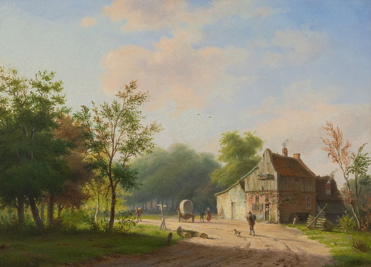 Koekkoek I M.A. | Marinus Adrianus Koekkoek I | Schilderijen te koop aangeboden | Landweg met boerenhuis en figuren, olieverf op paneel 28,3 x 38,8 cm, gesigneerd middenonder Koekkoek I M.A. | Marinus Adrianus Koekkoek I | Schilderijen te koop aangeboden | Landweg met boerenhuis en figuren, olieverf op paneel 28,3 x 38,8 cm, gesigneerd middenonder