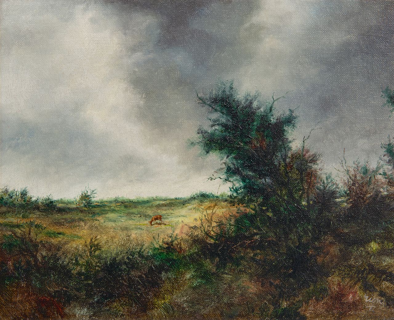 Poortvliet R. | Rien Poortvliet, Landschap met grazend reetje, olieverf op doek 24,6 x 30,2 cm, gesigneerd rechtsonder Poortvliet R. | Rien Poortvliet, Landschap met grazend reetje, olieverf op doek 24,6 x 30,2 cm, gesigneerd rechtsonder