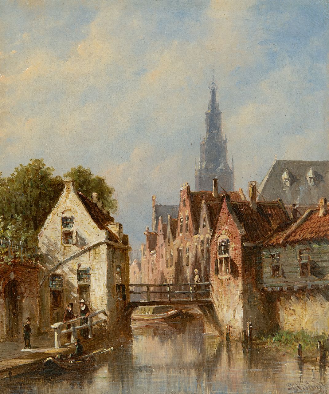 Vertin P.G.  | Petrus Gerardus Vertin, Zonnig stadsgrachtje, de Alkmaarse Waagtoren op de achtergrond, olieverf op paneel 22,7 x 19,4 cm, gesigneerd rechtsonder en verso gedateerd 1881