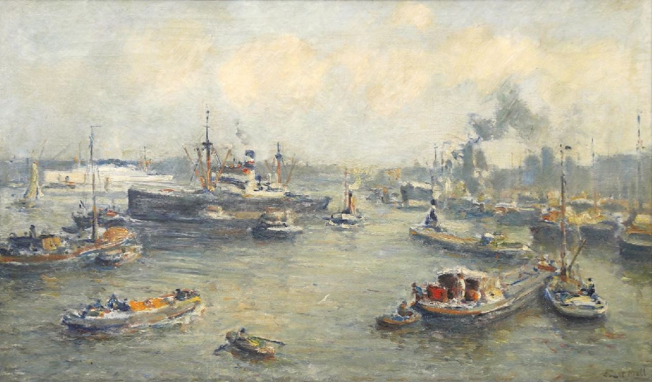 Moll E. | Evert Moll | Schilderijen te koop aangeboden | Bedrijvigheid in de Rotterdamse haven, olieverf op doek 60,1 x 100,4 cm, gesigneerd rechtsonder Moll E. | Evert Moll | Schilderijen te koop aangeboden | Bedrijvigheid in de Rotterdamse haven, olieverf op doek 60,1 x 100,4 cm, gesigneerd rechtsonder