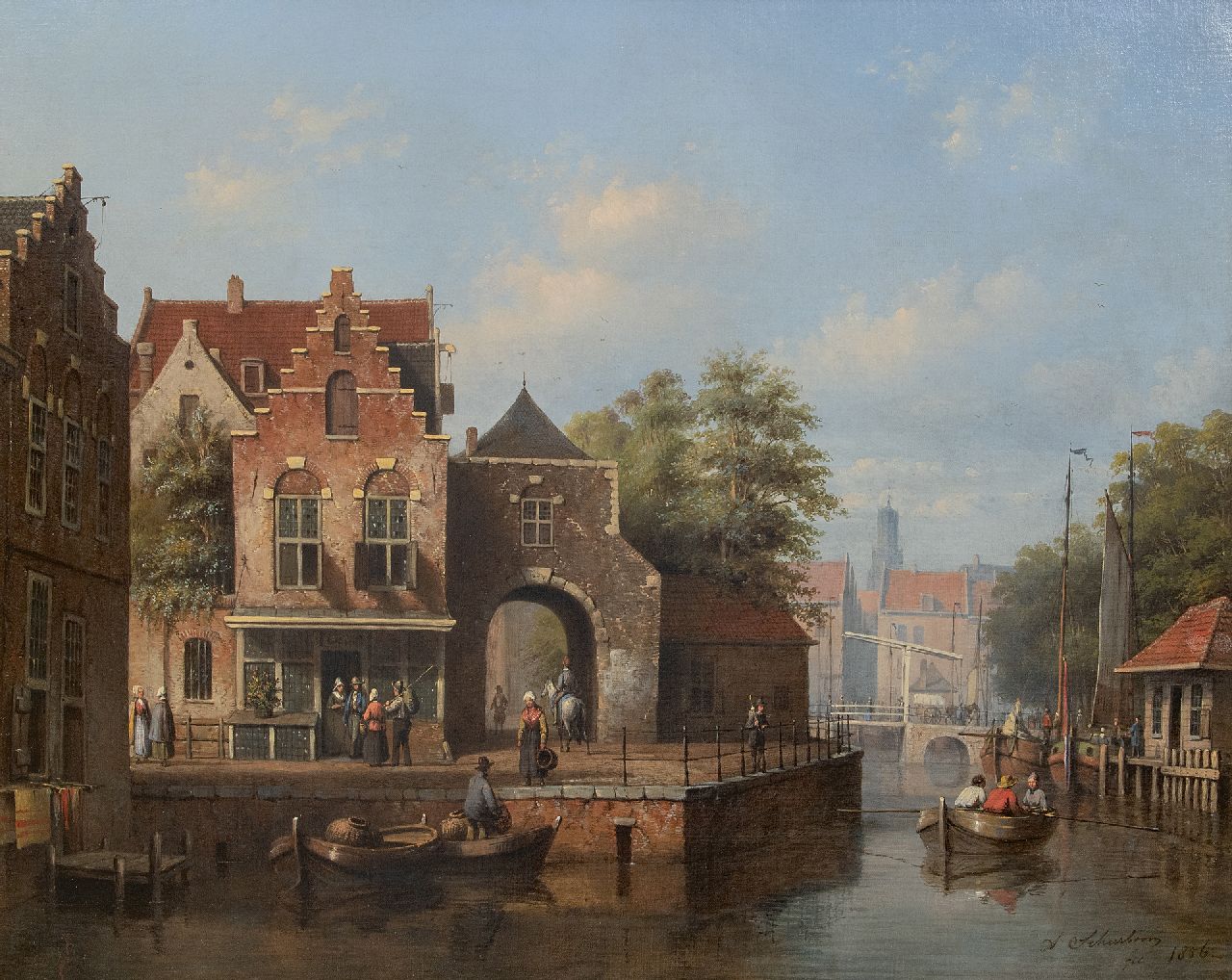 Scheerboom A.  | Andries Scheerboom | Schilderijen te koop aangeboden | Bedrijvigheid aan de stadsgracht, olieverf op doek 53,5 x 66,6 cm, gesigneerd rechtsonder en gedateerd 1856