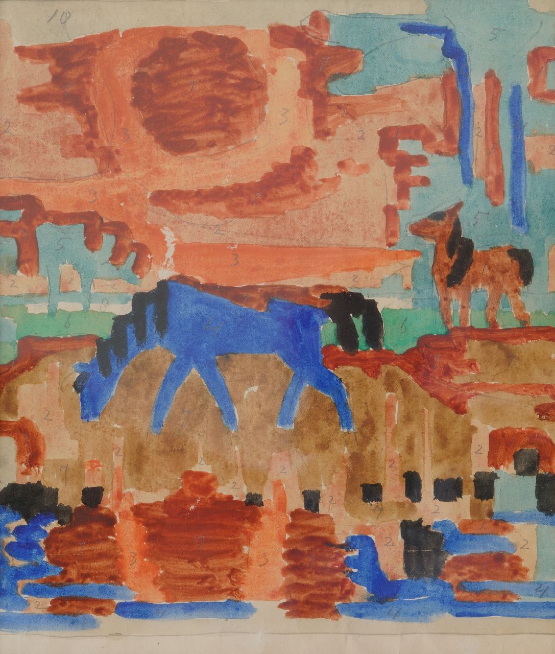 Altink J. | Jan Altink | Aquarellen en tekeningen te koop aangeboden | Ontwerp voor wandkleed: Twee paarden, potlood en aquarel op papier 46,8 x 32,8 cm, te dateren ca. 1925 Altink J. | Jan Altink | Aquarellen en tekeningen te koop aangeboden | Ontwerp voor wandkleed: Twee paarden, potlood en aquarel op papier 46,8 x 32,8 cm, te dateren ca. 1925